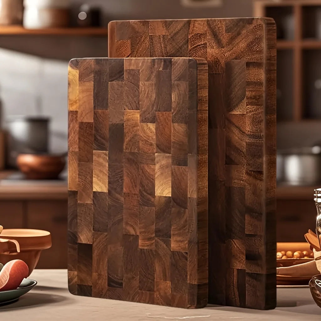 KŌHI-Home Solid Acacia Wood Cutting Board – Dark Checkered Grain Wooden Chopping Board