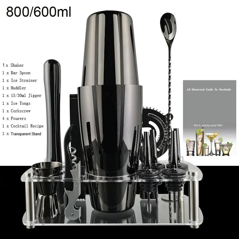 KŌHI-Home Boston Shaker Cocktail Set (12-Piece) – Stainless Steel Bar Tools with Stand