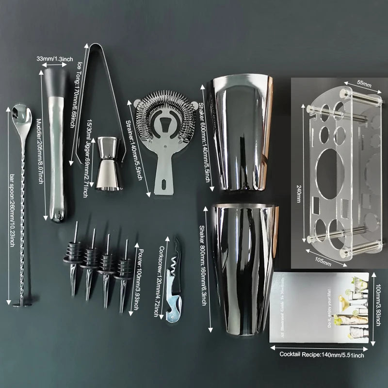 KŌHI-Home Boston Shaker Cocktail Set (12-Piece) – Stainless Steel Bar Tools with Stand