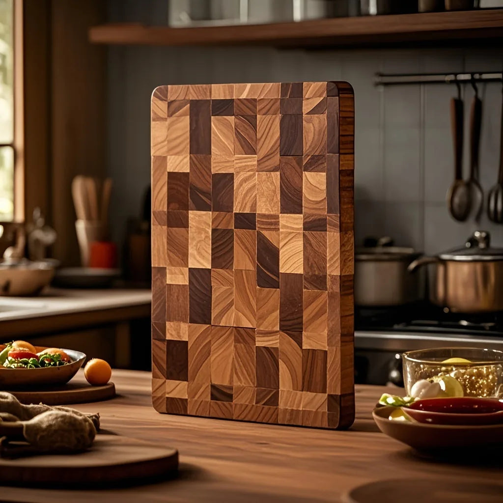 KŌHI-Home Solid Acacia Wood Cutting Board – Dark Checkered Grain Wooden Chopping Board