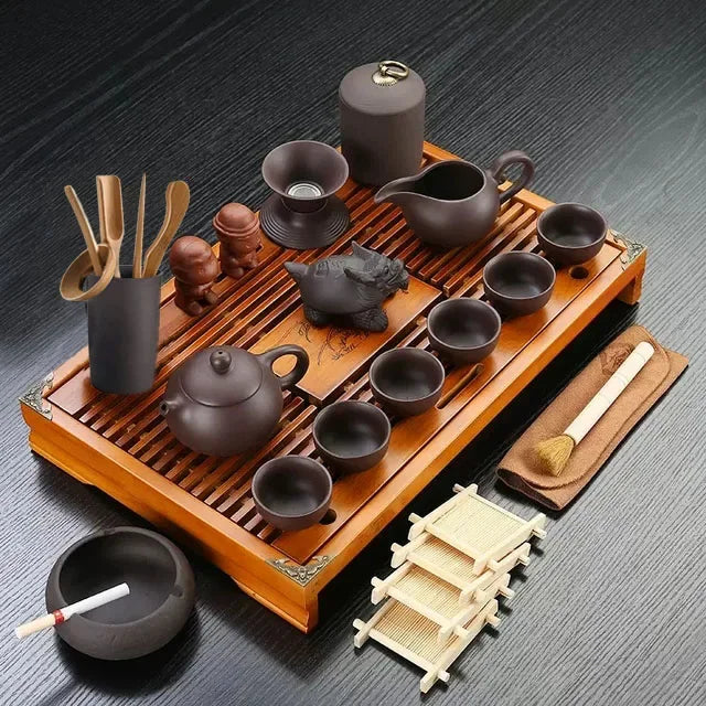 KŌHI-Home Yixing Ceramic Kung Fu Tea Set (27-Piece) – Chinese Tea Ceremony Set with Solid Wood Tea Tray