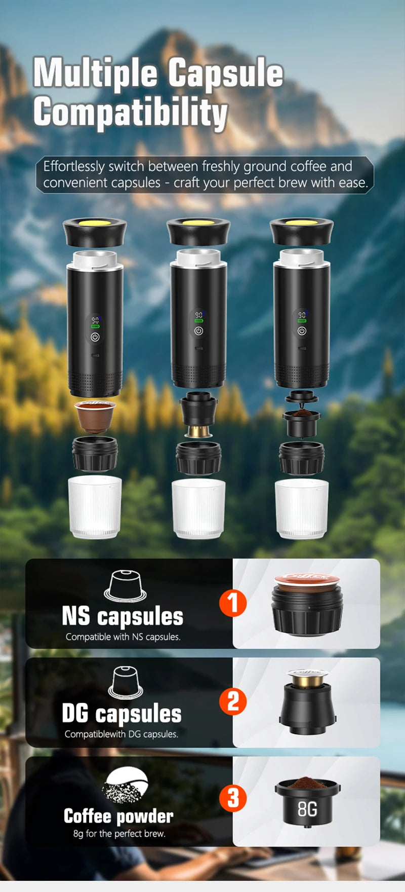 KŌHI-Home Portable Espresso Machine – 3-in-1 Capsule & Ground Coffee Maker with Digital Display