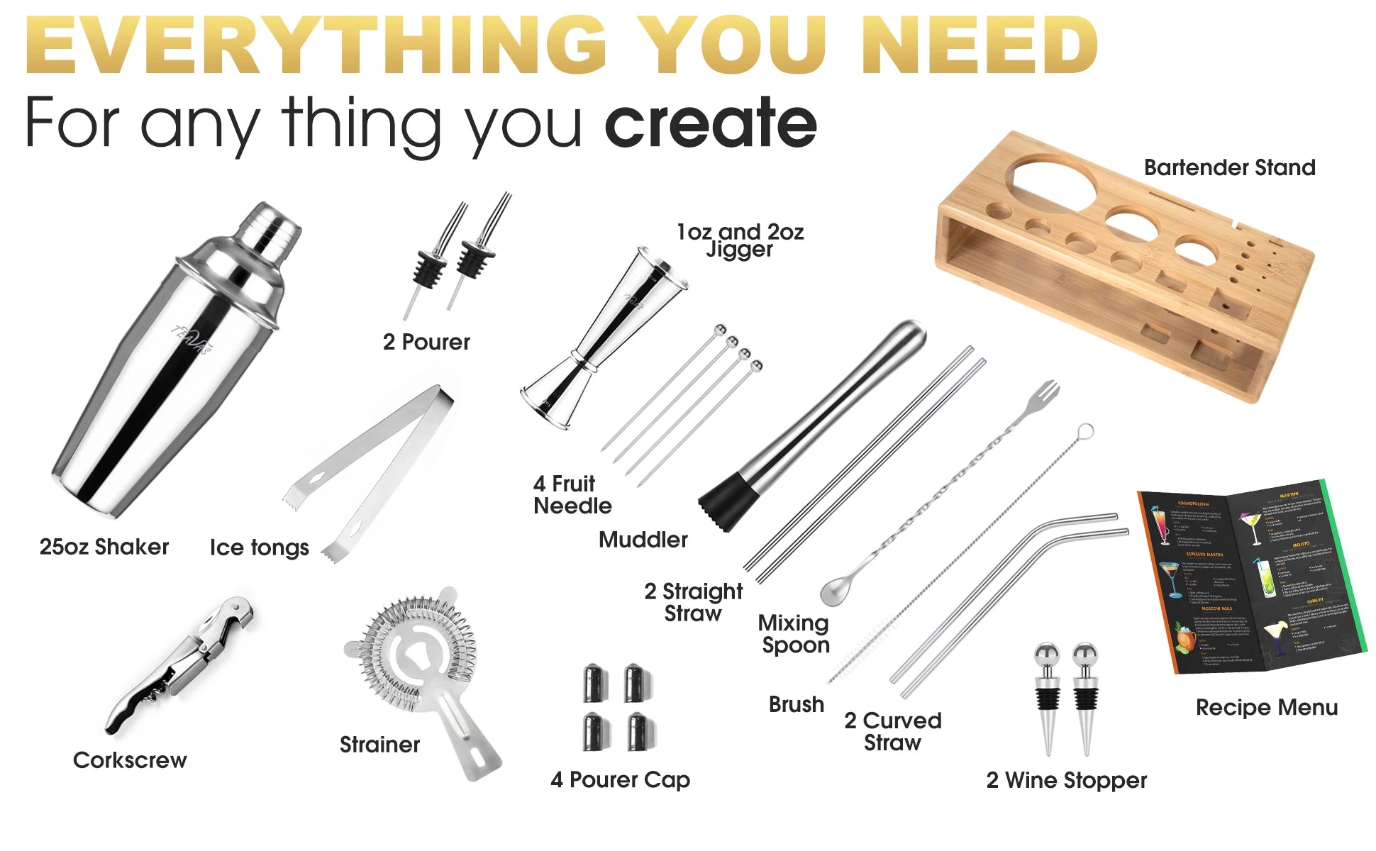 KŌHI-Home Mixology Bartender Kit (25-Piece) – Cocktail Shaker & Japanese-Style Jigger Set